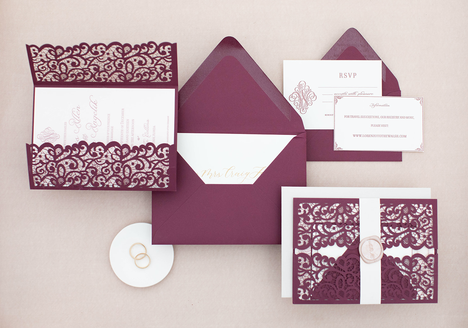 traditional wedding suite letterpress printing burgundy wedding invitation blush pink wax seal lace gate card calligraphy gold classic wedding stationery